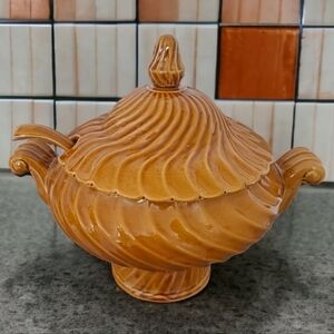 Vintage ceramic electric large soup tureen with ladle and lid